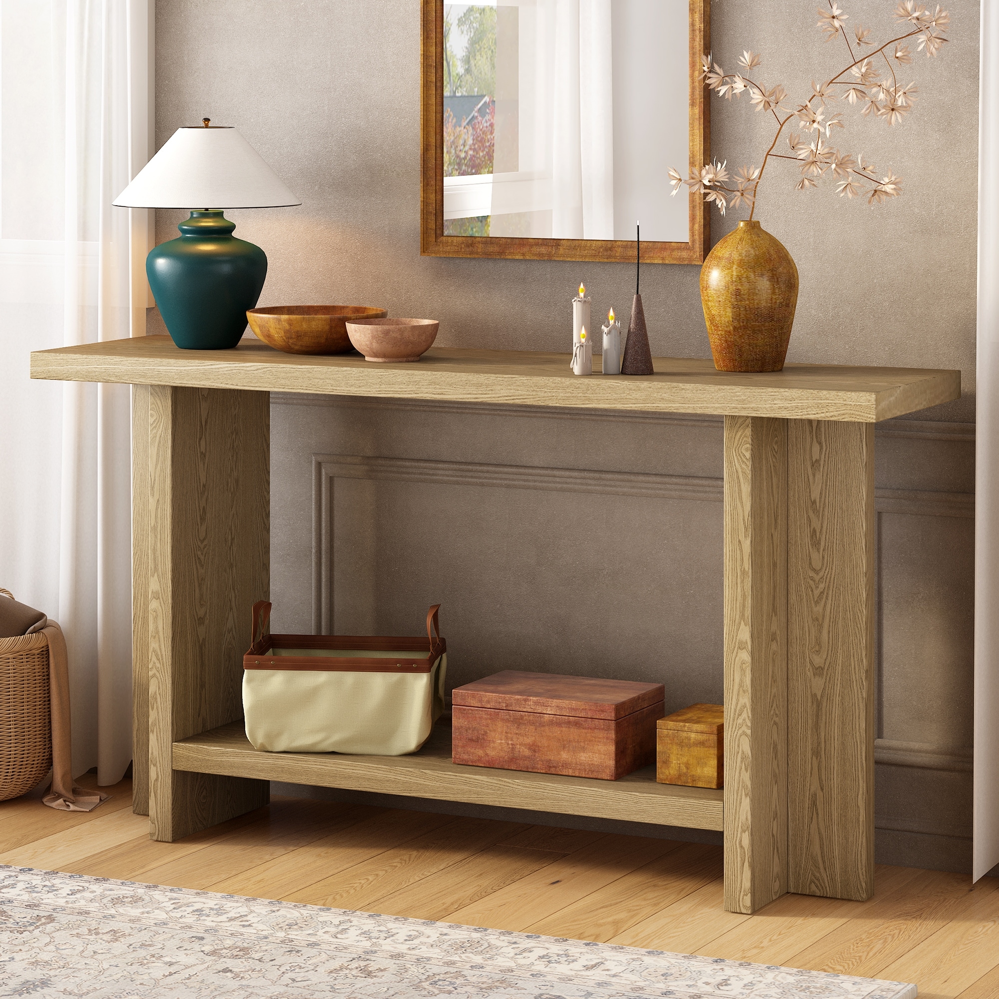 Modern Minimalist Entryway Table Ash Veneer Entryway Table, Sofa Table with T-Shaped and Display Shelf, for Hallway