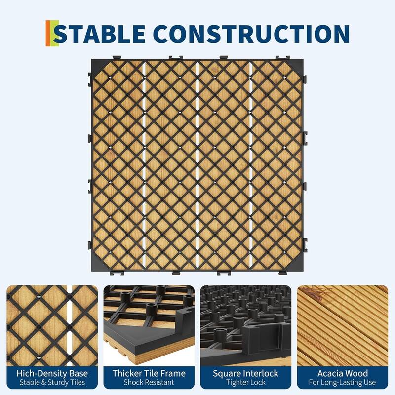 Acacia Wood Deck Tiles, 12"X12", Interlocking