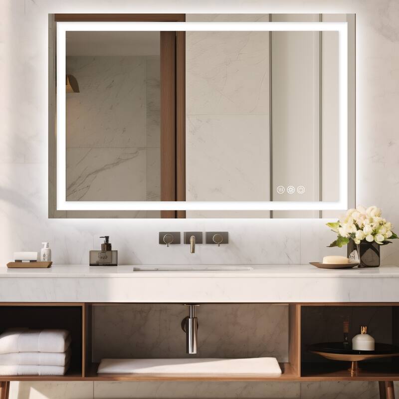 Durx-litecrete Rectangular Frameless Wall Mount 3 Colors Dimmable Anti-fog LED Bathroom Vanity Mirror