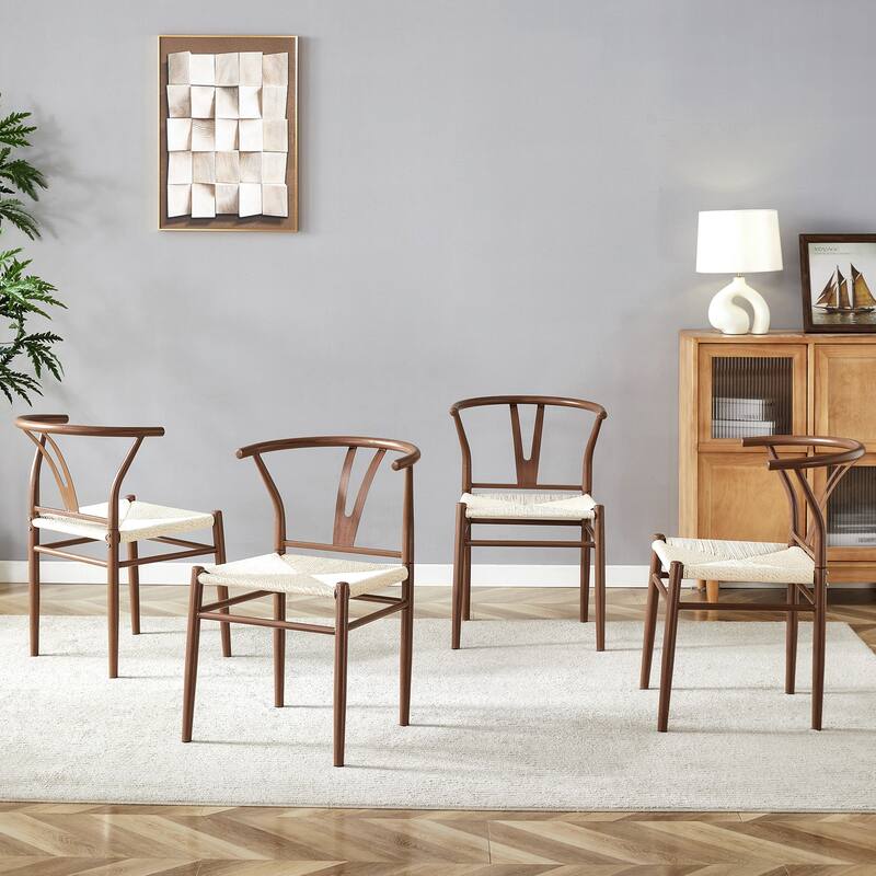 Y-shaped Medieval Style Armchair for Dining Table, Woven Seat (Set of 4) - Brown