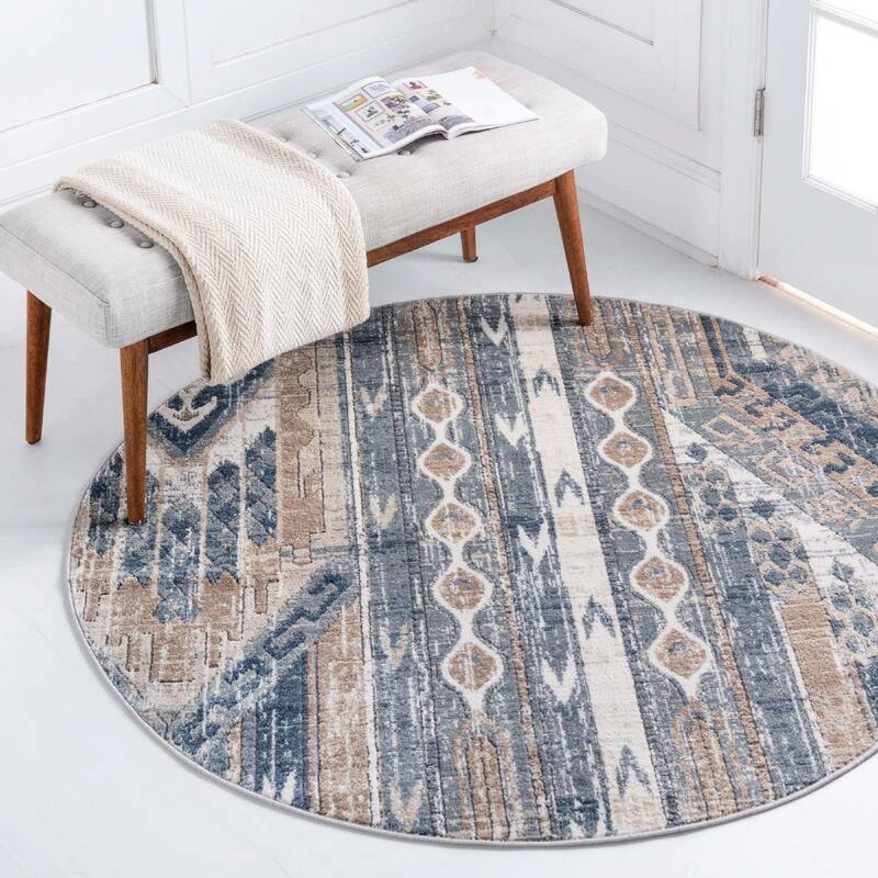 Transitional Wedo Collection Area Rug - 5'3" Round - Navy Blue
