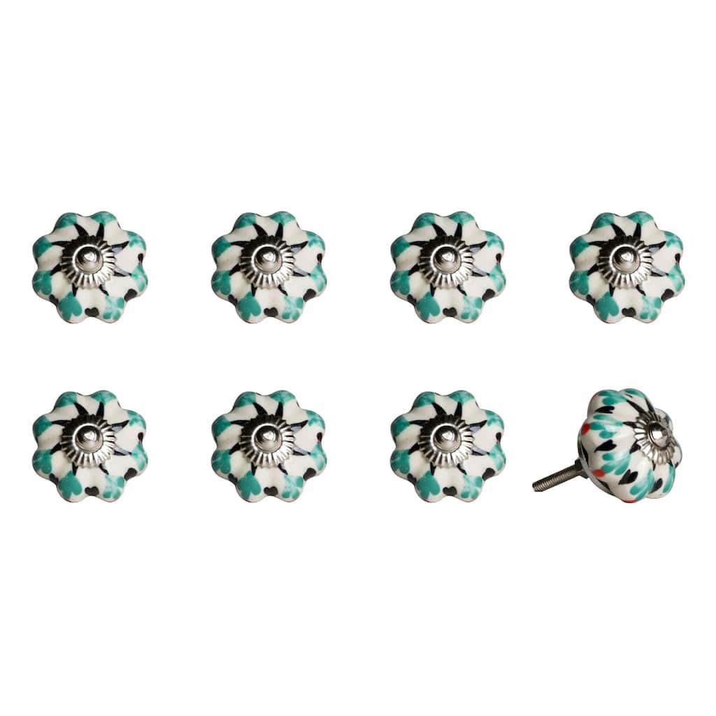 Pack of 8 Round Ceramic Knobs 1.5'' Green & Black Flower Design with Silver Finish - 1.5" x 1.5" x 1.5"