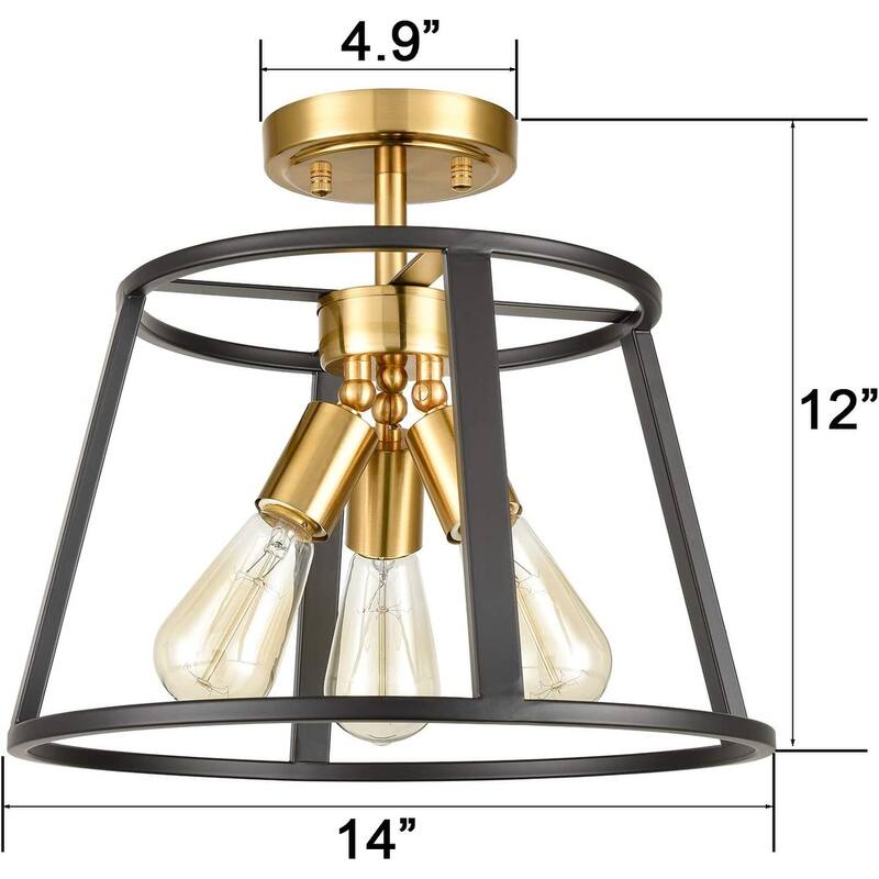 3 light semi flush mount ceiling light cage ceiling lamp with brass and black finish