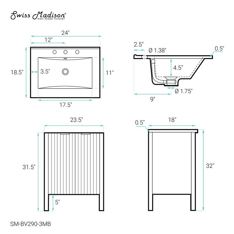 Bastille 24 In. White Bathroom Vanity With Black, 3-Hole Ceramic Sink Top