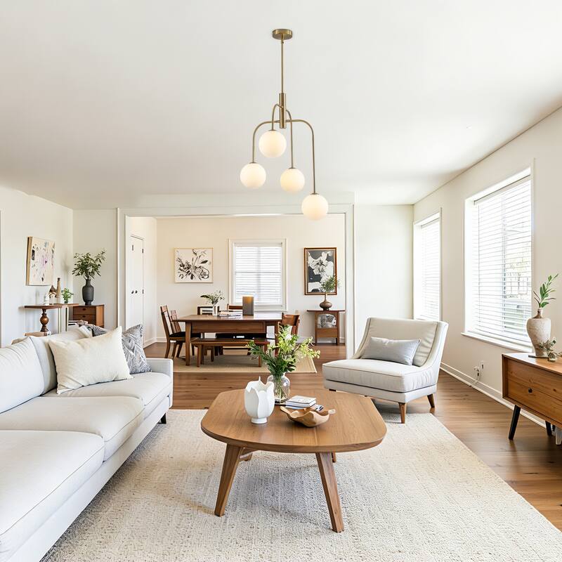 4 - Light Dimmable Sputnik Modern Linear Chandelier with White Glass Shade - Brushed Gold