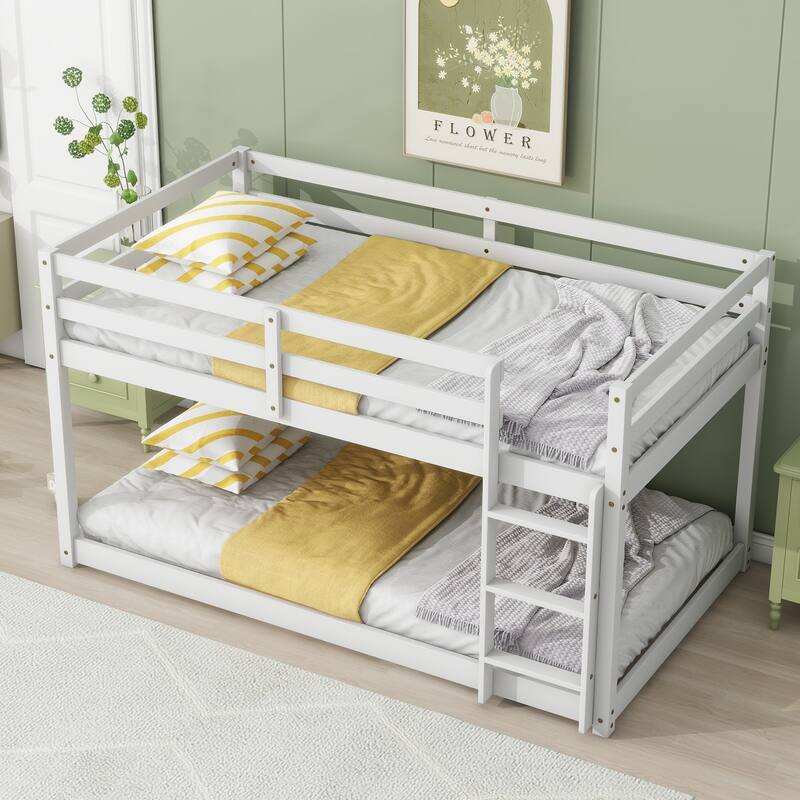 Roomfitters Solid Rubber Wood Twin over Twin Floor Bunk Bed with Ladder, Reinforced Slat Platforms, Low Height Design