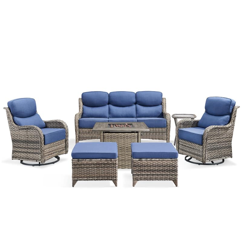 Pocassy Outdoor 6" Sofa Swivel Chair Ottoman with Fire Pit Table