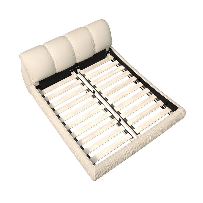 Queen Size Upholstered Platform Bed with Cushioned Headboard - Sturdy Solid Wood Frame.