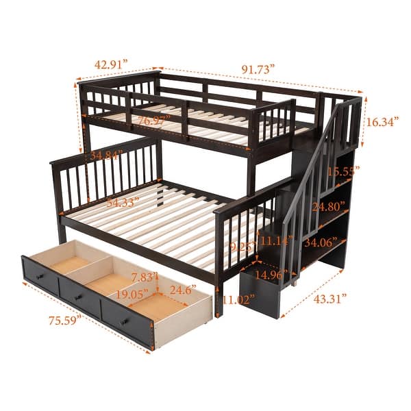 Twin over Full Bunk Bed with Drawer, Storage and Guard Rail, Espresso