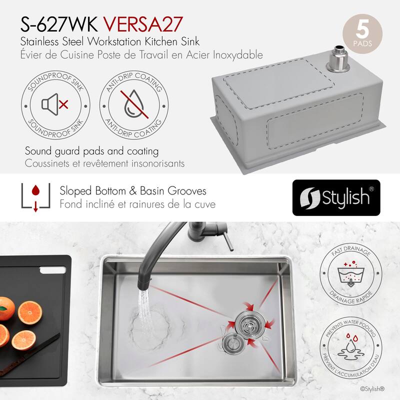 STYLISH 27 inches Workstation Single Bowl Undermount 16 Gauge Stainless Steel Kitchen Sink with Built in Accessories Handmade
