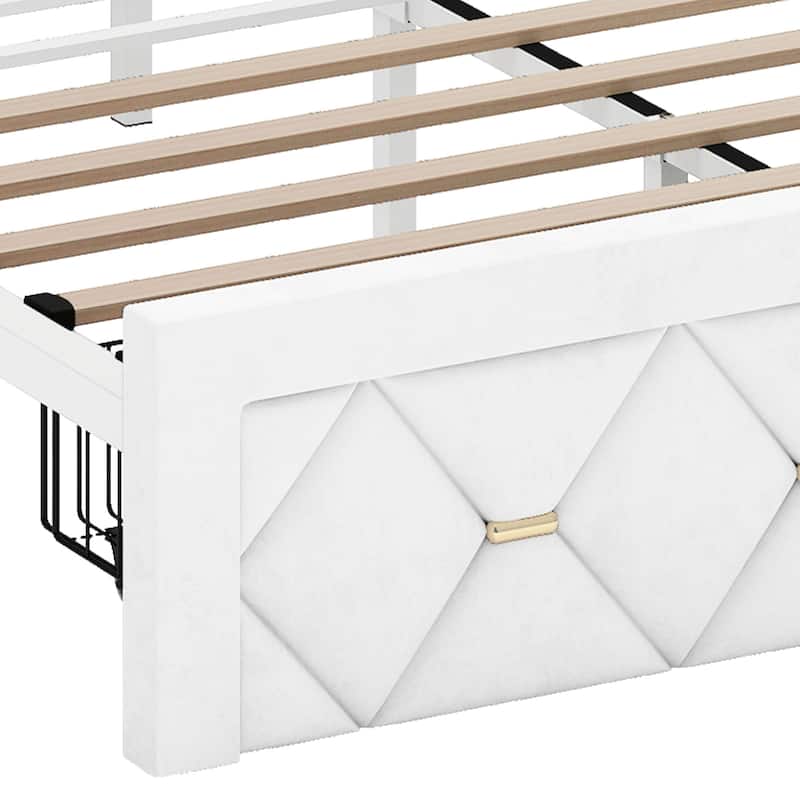 Farmhouse Bed Frame Upholstered Headboard Platform Bed with Charging Station