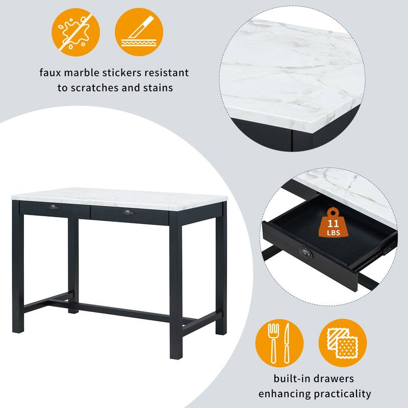 3 Pcs Counter Height Dining Table Set, Breakfast Nook Table Set for 2, Marble Table with Storage Drawers and 2 Padded Stools