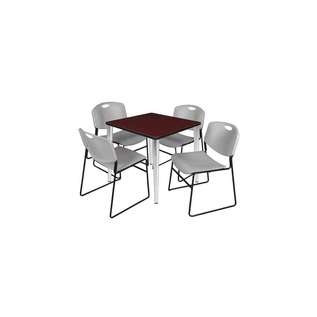 30 in. Square Breakroom Table- Mahogany Top, Chrome Base & 4 Stack Chairs- Grey
