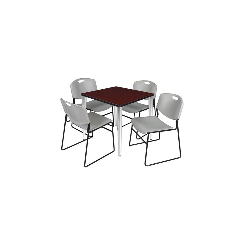 30 in. Square Breakroom Table- Mahogany Top, Chrome Base & 4 Stack Chairs- Grey