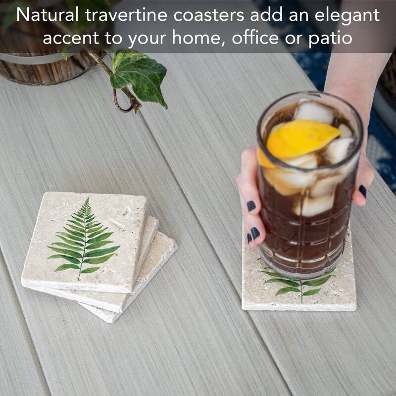 Fern Study 4 Pack Natural Travertine Absorbent Stone Coasters with Protective Cork Backing Manufactured in The USA