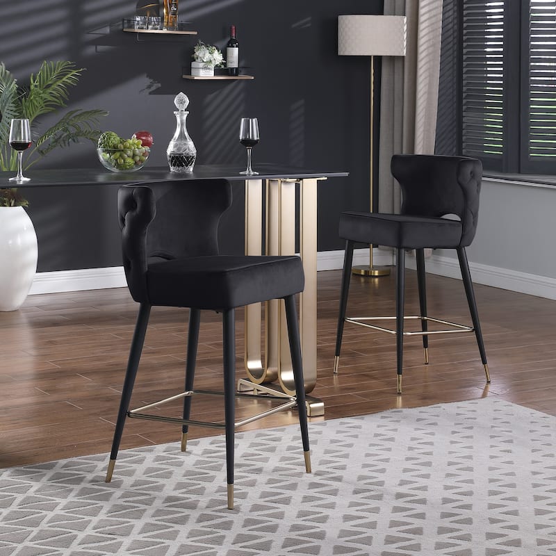 Contemporary Velvet Thick Upholstered Counter Bar Stool Set of 2,with Gold Tipped and Black Metal Legs