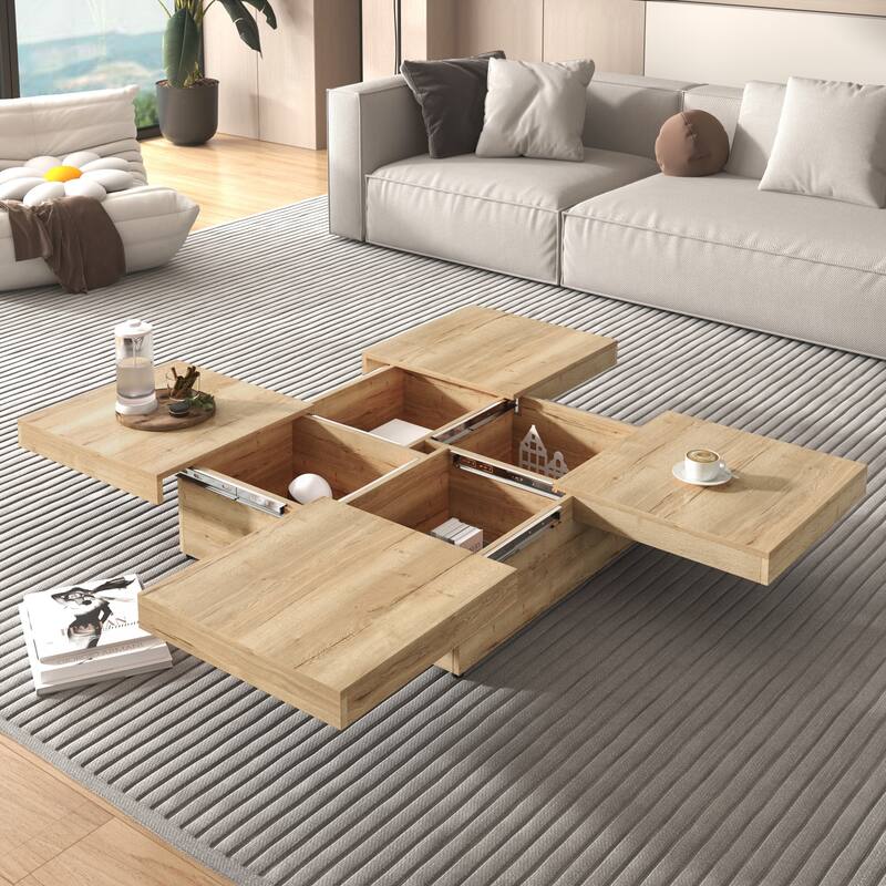 Square Veneer Coffee Table Sliding Top with Storage - Natural