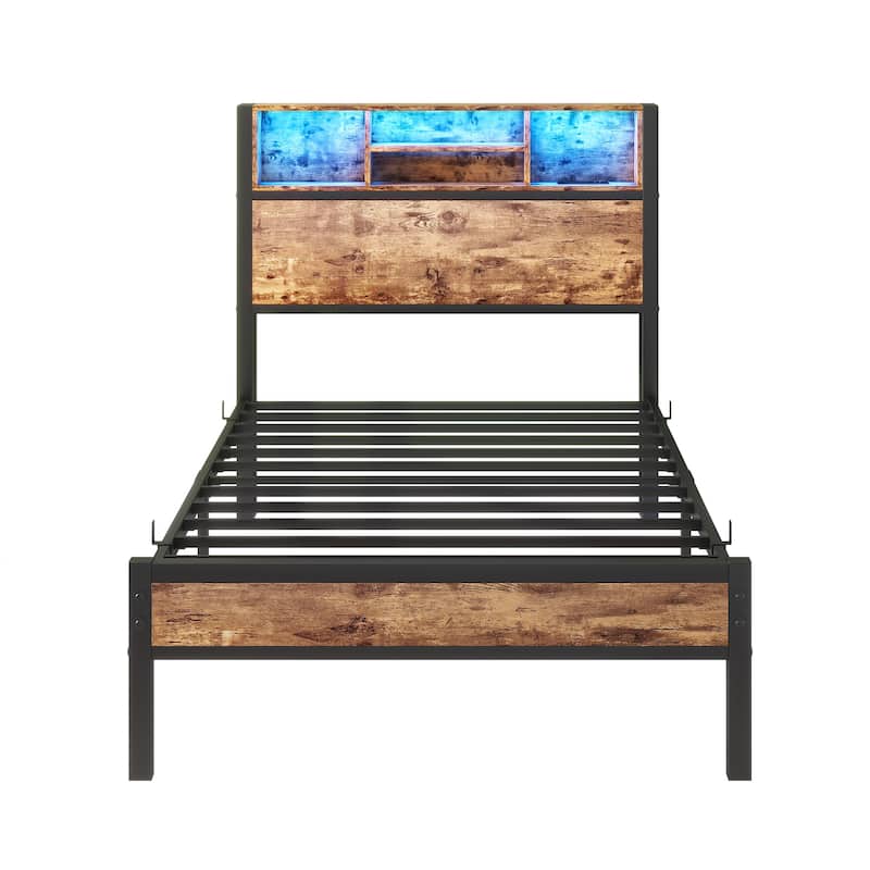 Metal Platform Bed with Charging Station, Bookcase Storage