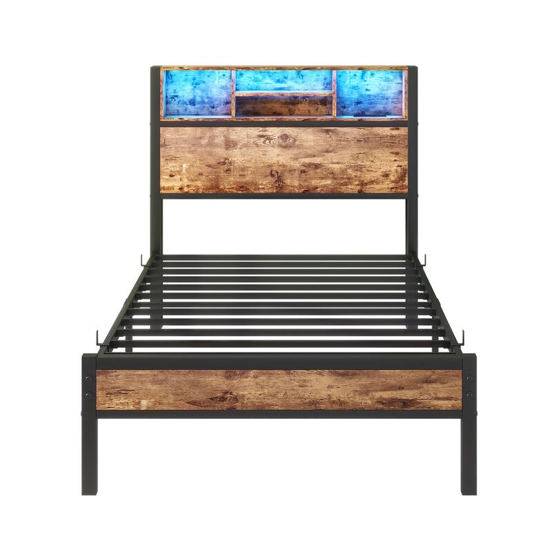 Twin Size Metal Bed Frame with Storage Headboard, Charging Station, and RGB LED Lights