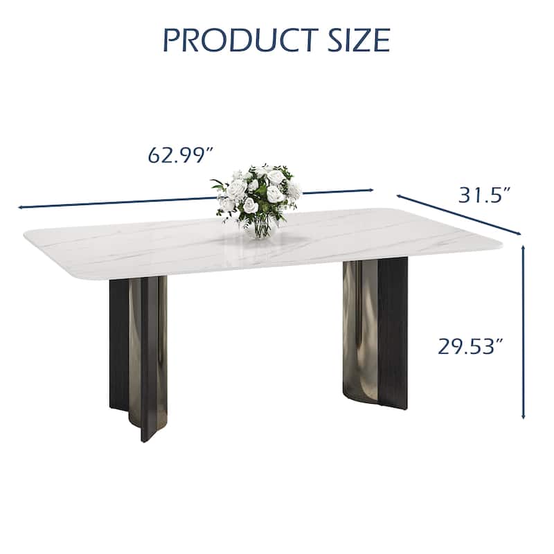 63" Modern Rectangular Dining Table for 4, White Glossy Sintered Stone Table Top,with double Stainless Steel Legs