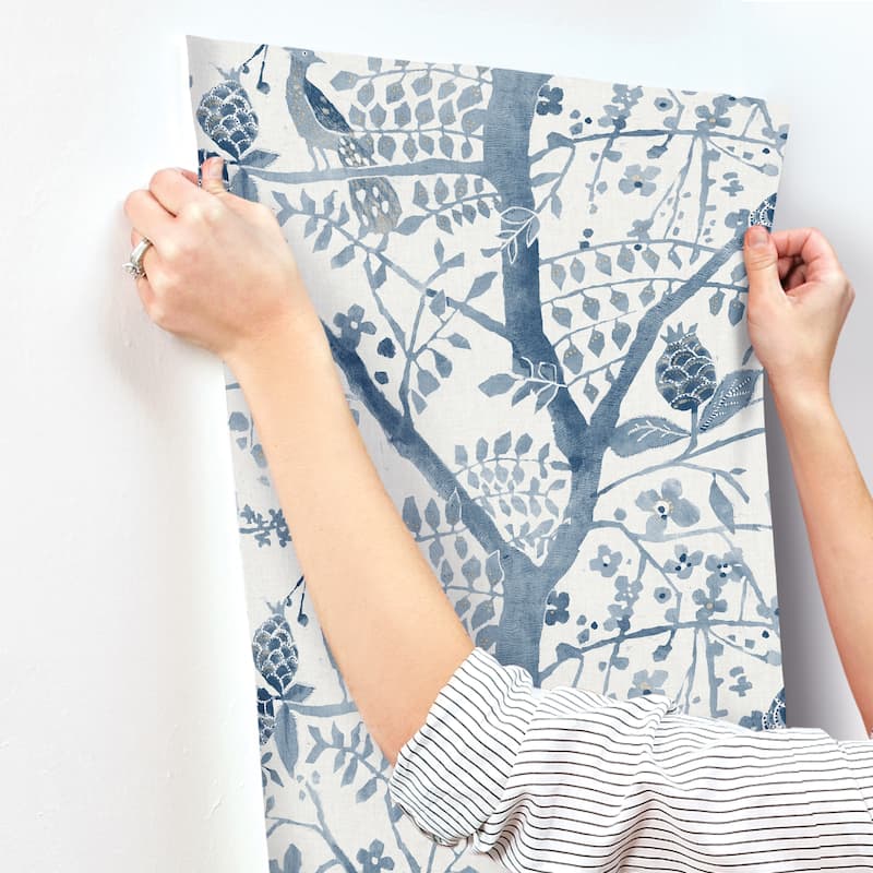 Edinburgh Blue Non-Woven Unpasted Bohemian Peacock Block Print Wallpaper Covers about 60.75 sq. ft.