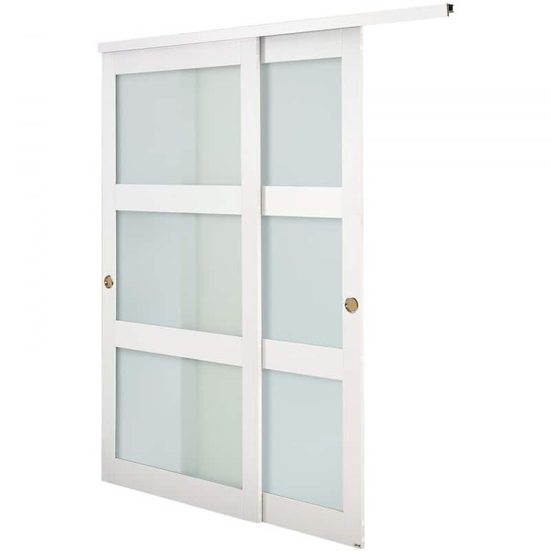 White Wood MDF Sliding Closet Doors with Frosted Glass Panels