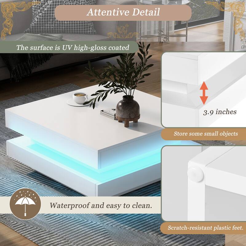 ON-TREND High Gloss Minimalist Design with LED Lights, 2-Tier Square Coffee Table - White