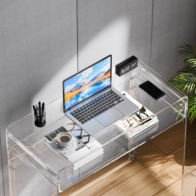 Modern Clear Acrylic Desk with Two Levels Stable and Spacious Workspace for Home Office
