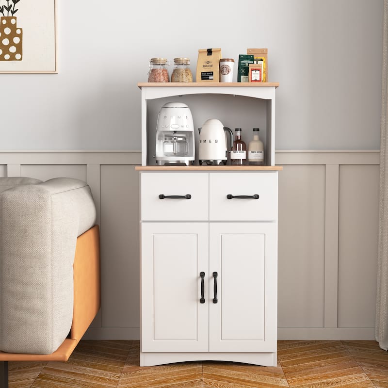 White Wooden Kitchen Pantry Cabinet with Microwave Shelf, Drawer and Closed Cabinets, Pantry Room Storage Microwave Cabinet