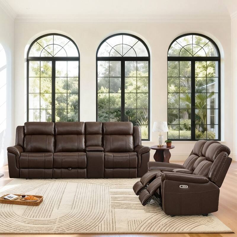 Spruce & Spring Genuine Leather Power Reclining Sofa with Optional Console & Flip-Down Table