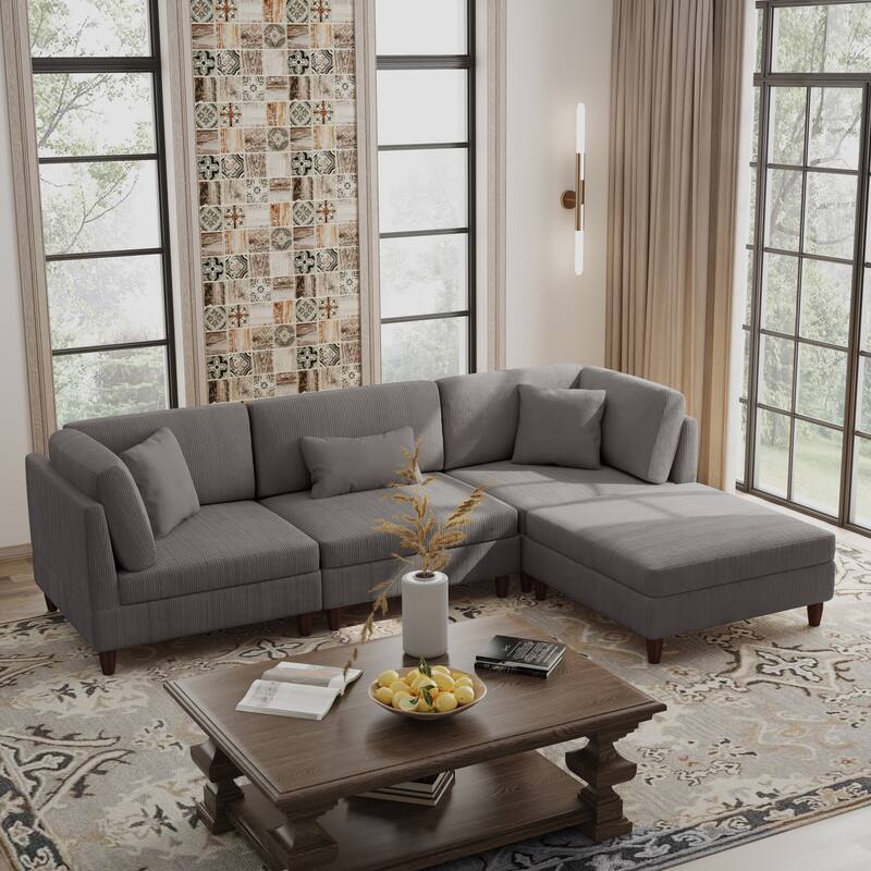 Corduroy Convertible Couch Modular Sectional Sofa with Ottoman