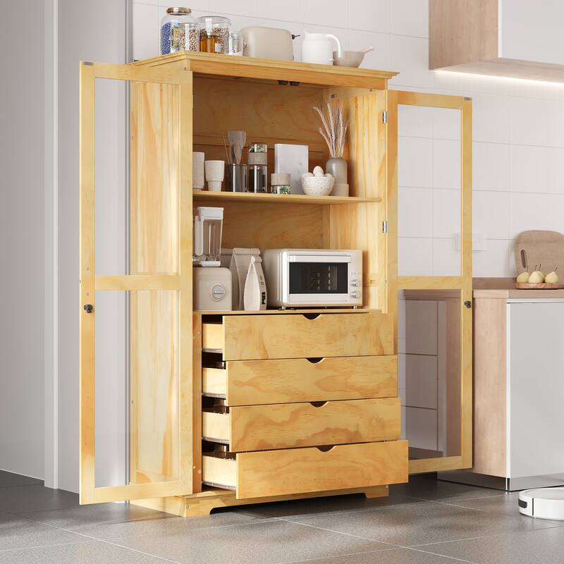 44.7" Kitchen Pantry Cabinet with Glass Doors - Storage Cabinet with 4 Built-In Drawers - Display Cabinet for Living Room - Brown