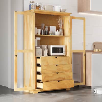 75" Height Freestanding Kitchen Storage Cabinet with Glass Doors and 4 Drawers