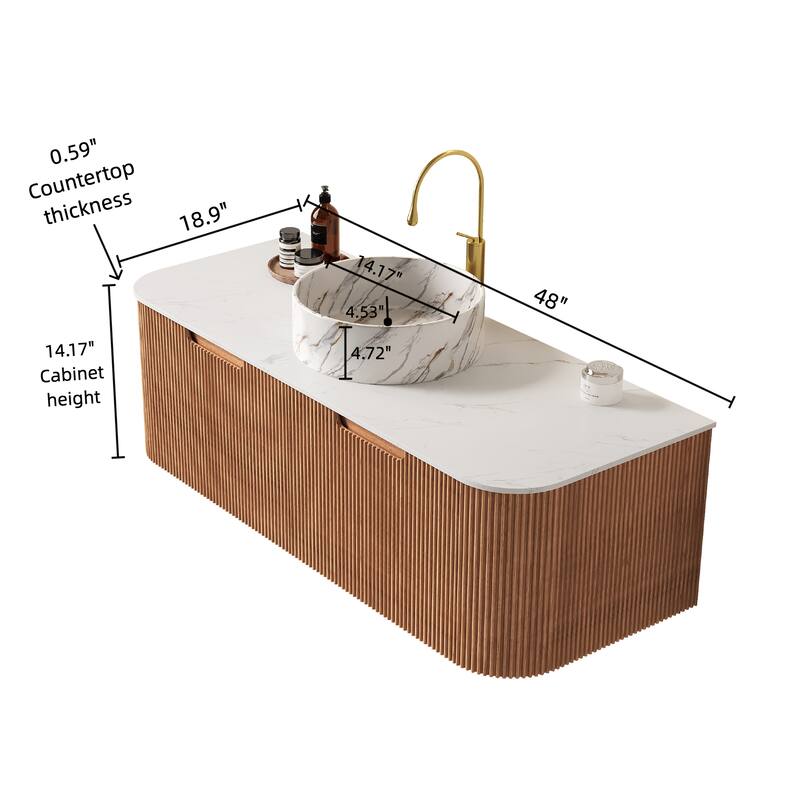 48" Bathroom Vanity with Sink, Wall-Mounted Curved Edges Striped Bathroom Storage Cabinet with 2 Drawers
