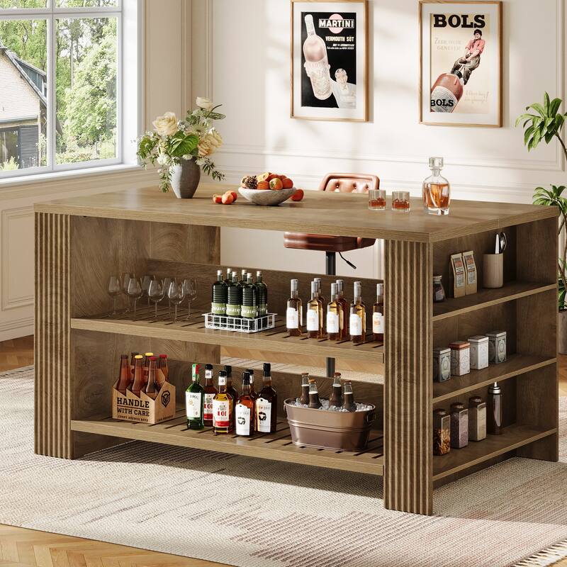 59 Inch Large Kitchen Island with Storage Shelves and Seating - 27.55" D x 59.05" W x 35.43" H