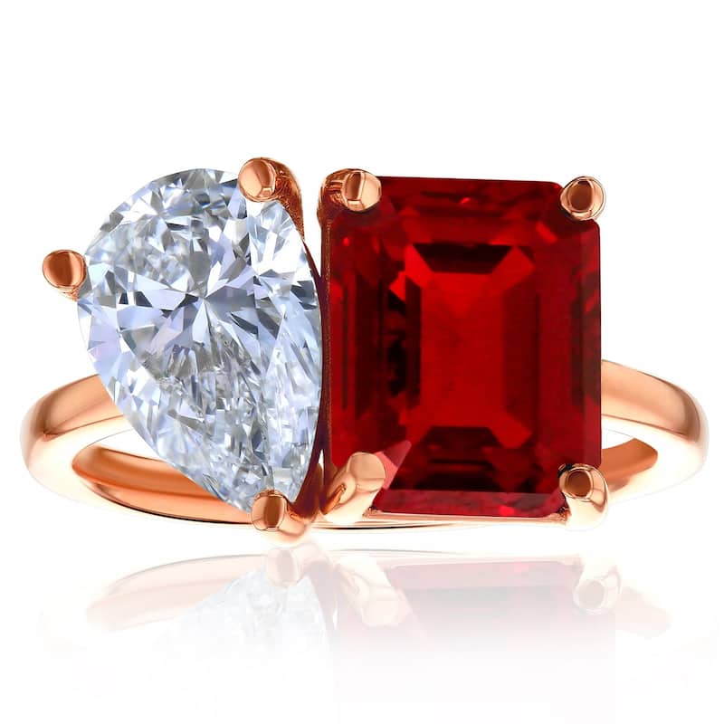 Kobelli Red Ruby & White Diamond 14k Solid Gold 2 Stone Toi et Moi Dorothy Ring (Certified, EF/VS) - Rose - 9.5