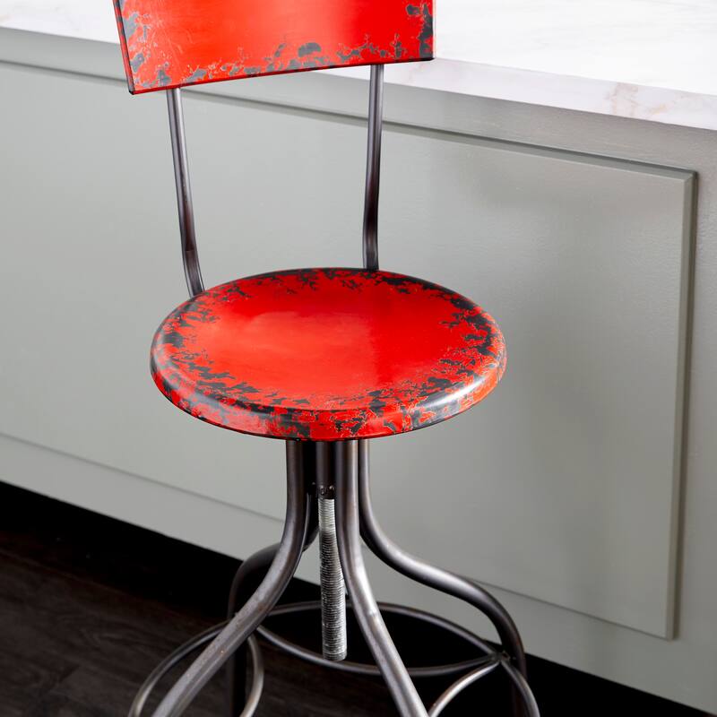 Metal Distressed Bar Stool with Gunmetal Legs and Backrest -Teal, Beige or Red - Roche River Decor