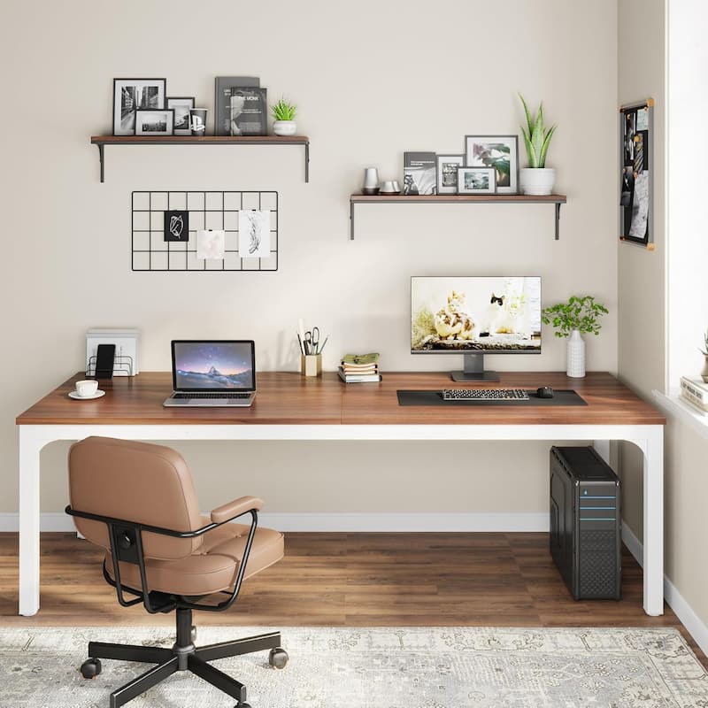 78.7" Extra Long 2-Person Computer Desk, Double Workstation for Home Office - Brown+White
