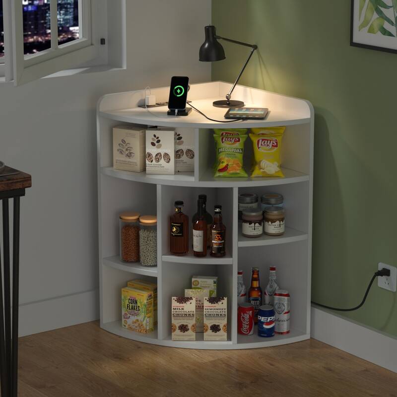 VECELO 4-Tier Adjustable Corner Bookshelf with Charging Station 3 AC Outlets & 2 USB Ports Waterproof Eco-Friendly Design