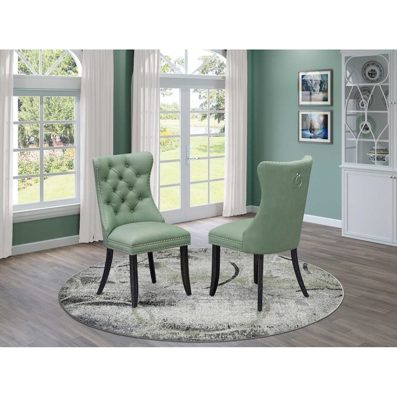 Parson Dining Chairs Set of 2 - Tufted Upholstered Accent Chairs - Willow Green Faux Leather - Black Legs