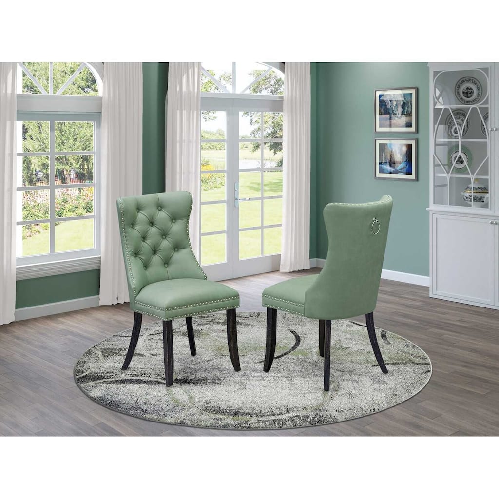 Parson Dining Chairs Set of 2 - Tufted Upholstered Accent Chairs - Willow Green Faux Leather - Black Legs