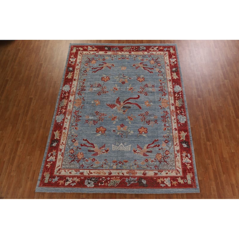 Hand Knotted Oriental 100% Wool Carpet Traditional Floral Navy Blue & Blues Art Deco Area Rug - 11' 8'' X 8' 10''