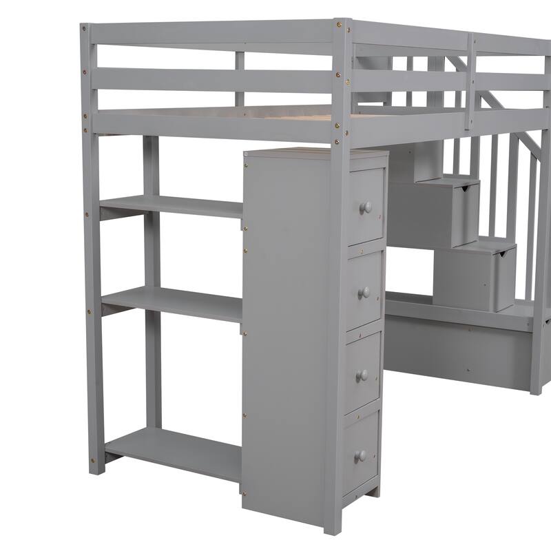 Twin Loft Bed with Storage Drawers, Shelves, and Stairs in Gray