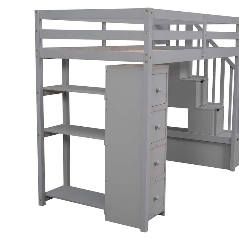 Twin size Loft Bed with Storage Drawers and Stairs, Wooden Loft Bed with Shelves - Espresso