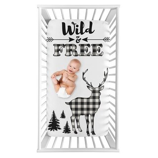 Black White Woodland Deer Collection Boy Photo Op Fitted Crib Sheet - Buffalo Plaid Check Rustic Country Farmhouse Lumberjack