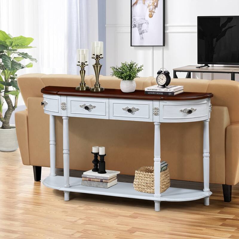 Living Room Hallway Retro Curved Wood Console Table Sofa Table with Shelf and 2 Drawers