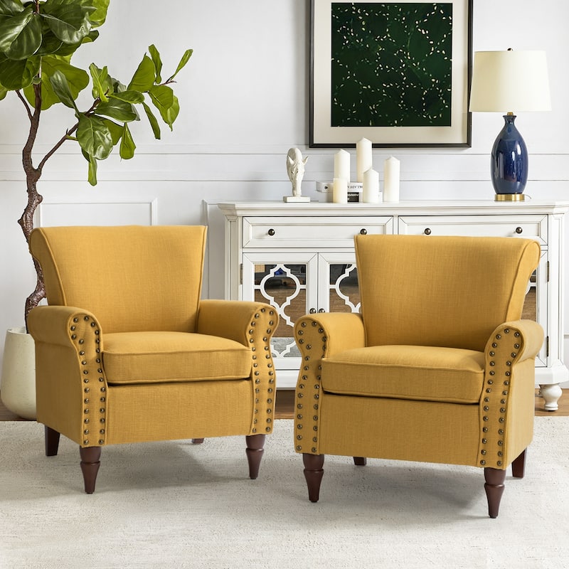 Nyctelius Upholstered Comfy Accent chair with Turned Wooden Legs and Nailhead Trim Set of 2 by HULALA HOME