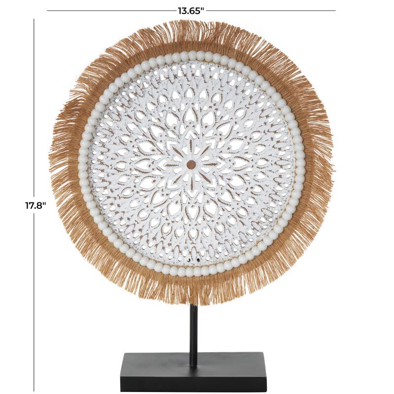 White or Gray Wooden Handmade Seagrass Fringed Sculpture with Black Base