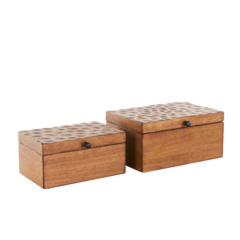 Brown Wood Textured Concave Honeycomb Storage Box with Black Knobs (Set of 2)