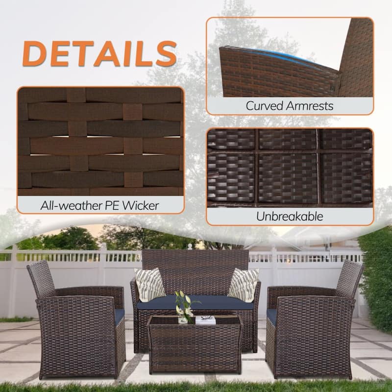 4-Piece Wicker Outdoor Sofa Set, 1 Loveseats, 2 Single Sofas, 1 Table
